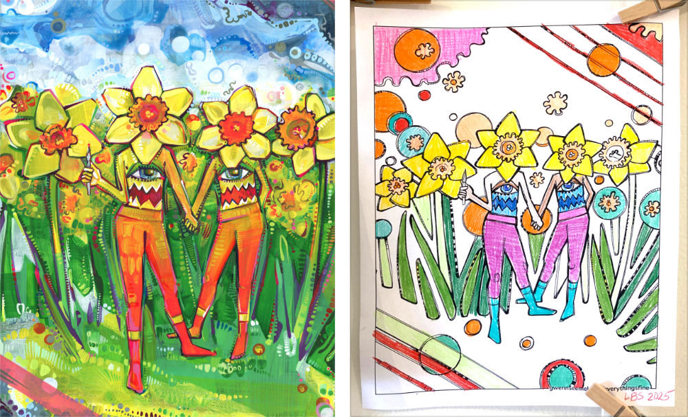 art by Gwenn Seemel with a coloring page by someone else at the Lambertville Free Public Library