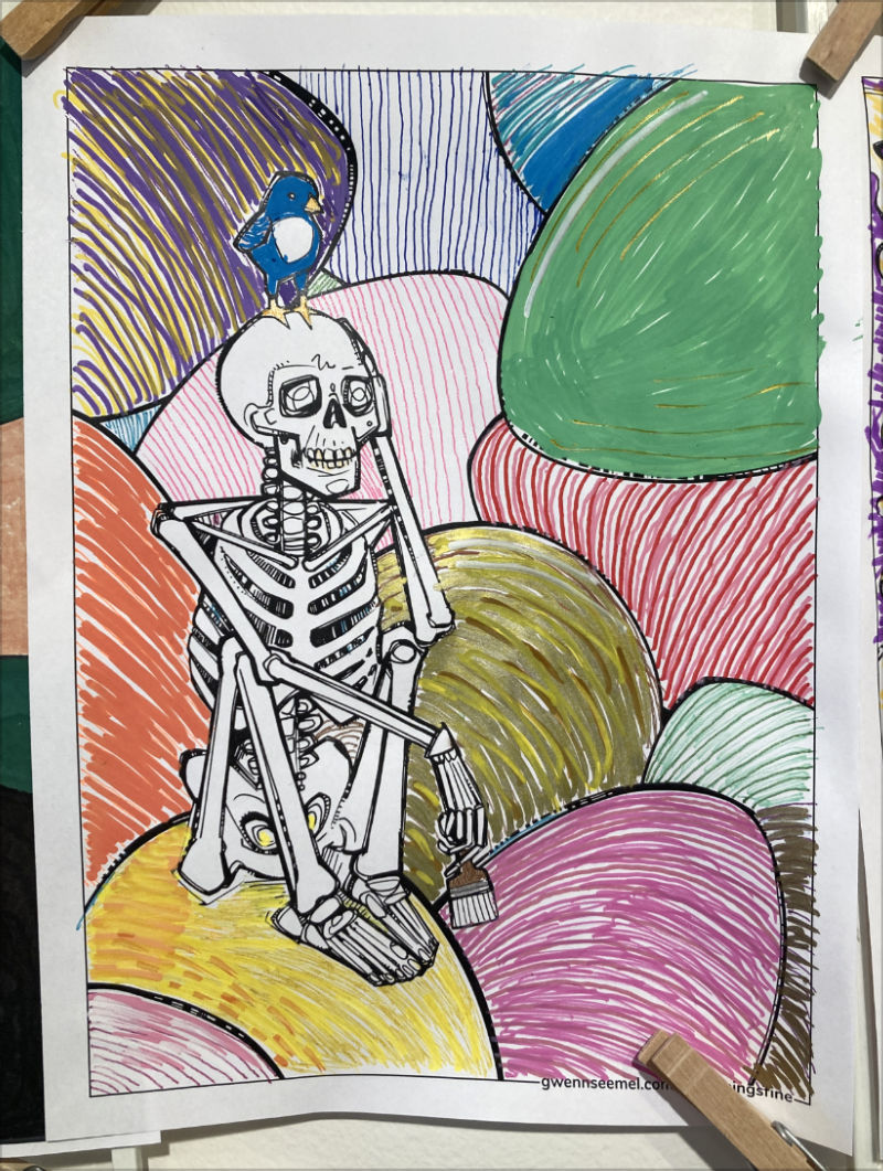 skeleton coloring page created by Gwenn Seemel and beautifully colored by D