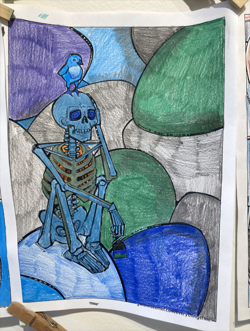 skeleton coloring page created by Gwenn Seemel and beautifully colored by K