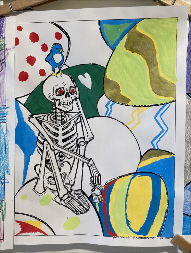 skeleton coloring page created by Gwenn Seemel and beautifully colored by L