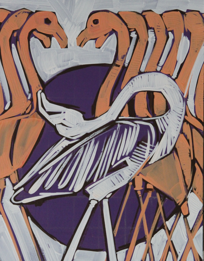 surreal painting process for an image of pink plastic flamingos surrounding a tired real flamingo