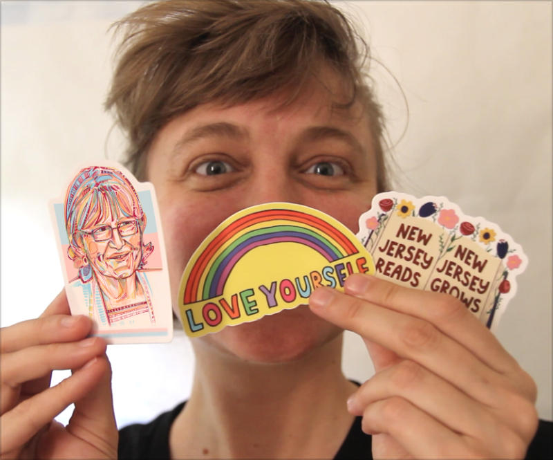 Garden State Equality 20th anniversary commemorative sticker pack, including designs by Gwenn Seemel, New Jersey podcaster Mike Brown, and New Jersey artist Olivia Laura