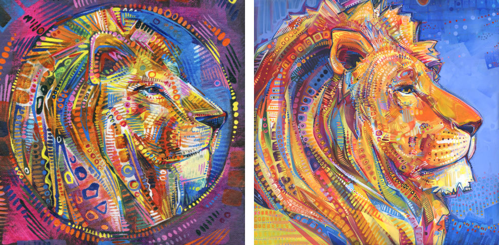 petite peinture d’un lion de 2015 et grande peinture d’une lionne à crinière de 2025 par l’artiste queer Gwenn Seemel