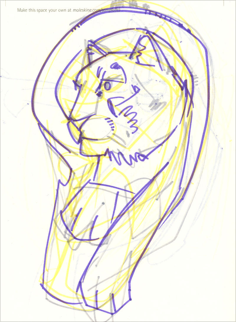 croquis au marqueur d’un tigre sortant d’une oreille humaine