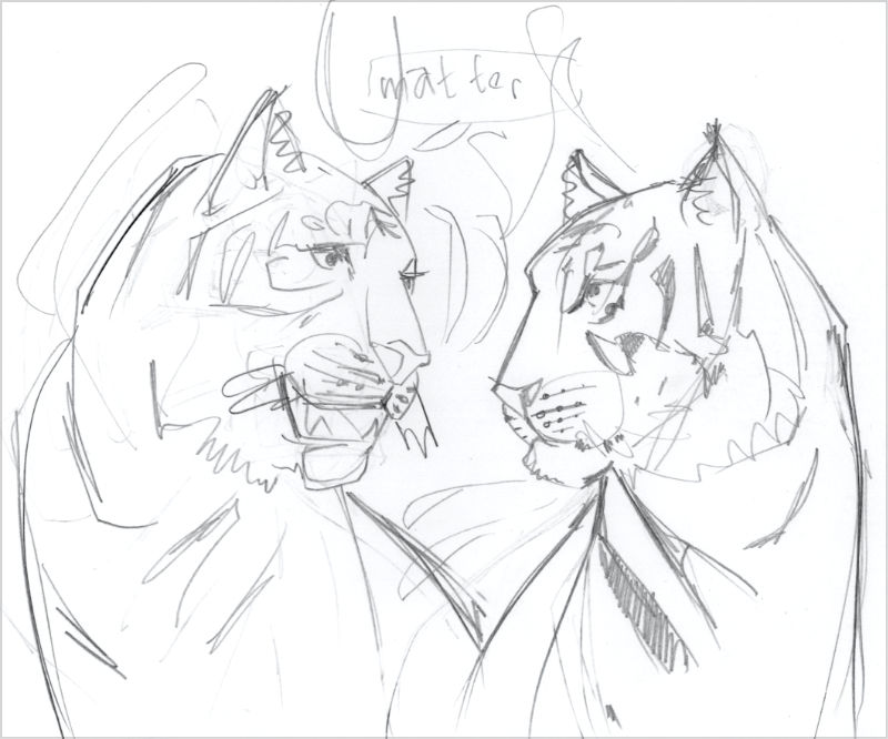 croquis au crayon de deux tigres en conversation