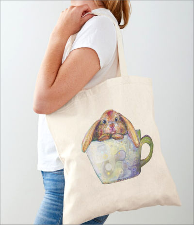 French artist Gwenn Seemel’s bunny in a teacup painting printed on a tote bag