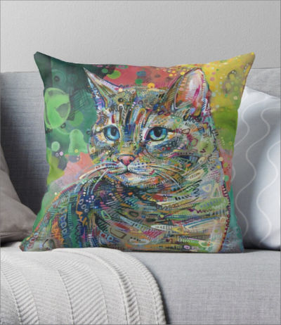 Jersey artist Gwenn Seemel’s cat art printed on a pillow
